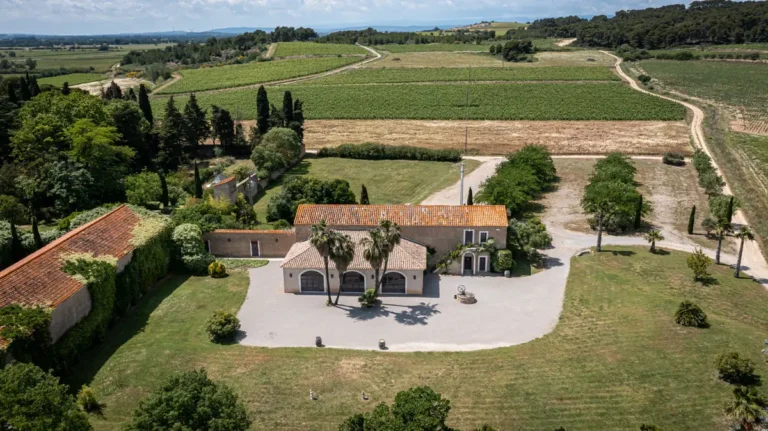Vue aérienne de la Bergerie de la Vernède, de ses palmiers et de sa cour