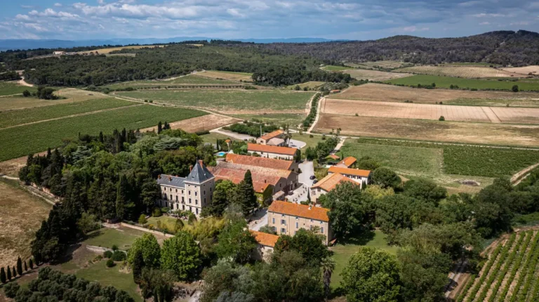 Vue aérienne du Château La Vernède et de la Bergerie au cœur du vignoble